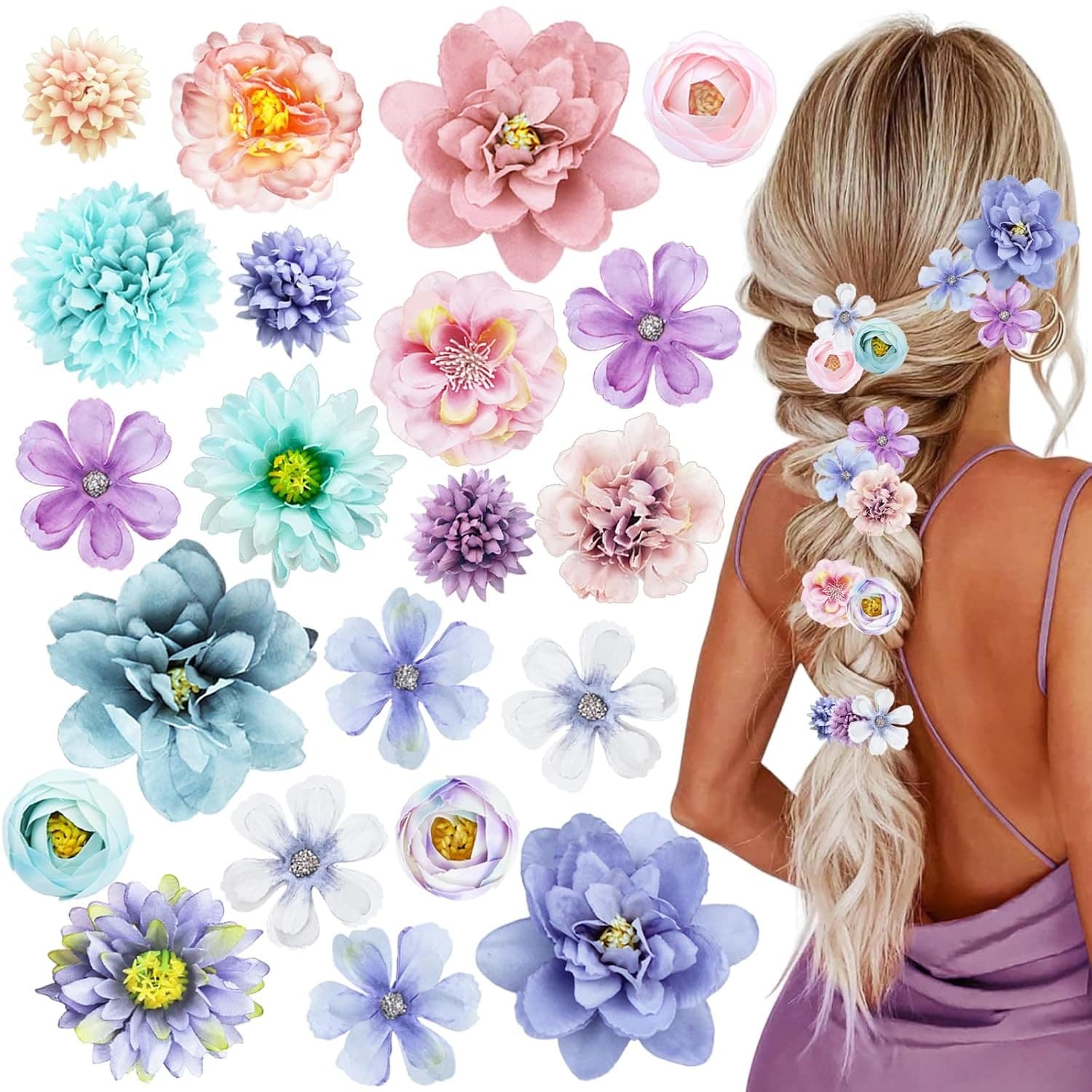 21 PCS Hair Flowers Boho Hair Barrettes Accessories Hawaiian Silk Flower Clips G