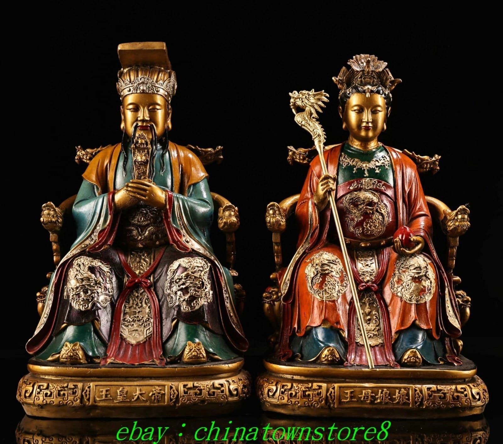 Copper Paintings Dragon Phoenix Chair Jade Emperor Queen Mother God Statue Pair