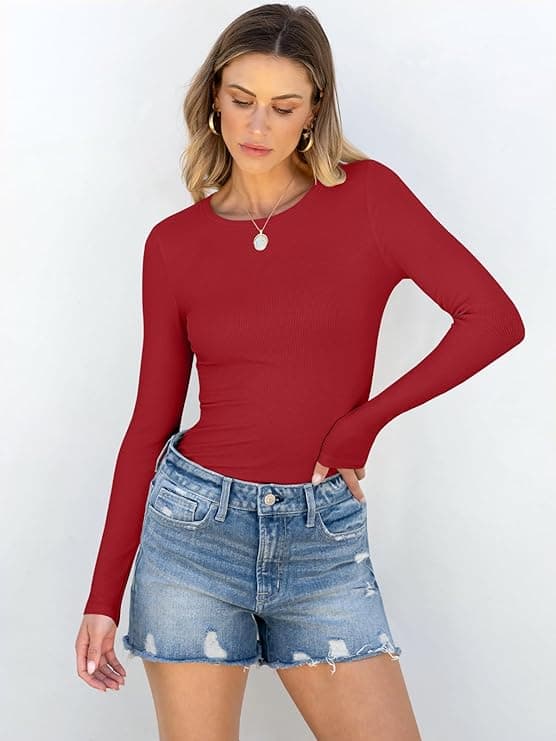 ANRABESS Women Long Sleeve Shirts Rib Knit Slim Fit Tops Basic Tee 2025 Fall Outfits Casual T-Shirt Underscrubs Layer Clothes Red - Image 2
