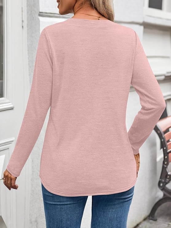 WYNNQUE Womens Long Sleeve Shirts Business Casual Outfits Dressy Tops Blouses Henley V Neck Fall Clothes Rosy Pink - Image 4