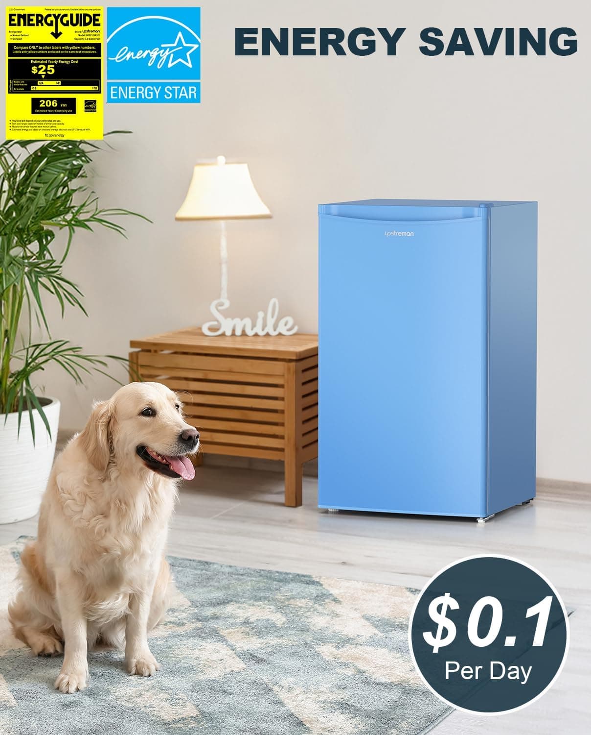 Upstreman 3.2 Cu.Ft Mini Fridge with Freezer, Single Door Mini Fridge, Dorm Fridge, Adjustable Thermostat, Mini Refrigerator for Bedroom, Office, Dorm, Blue-BR321 - Image 4
