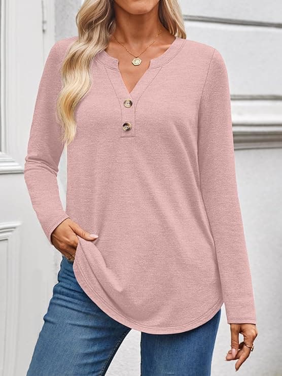 WYNNQUE Womens Long Sleeve Shirts Business Casual Outfits Dressy Tops Blouses Henley V Neck Fall Clothes Rosy Pink - Image 2