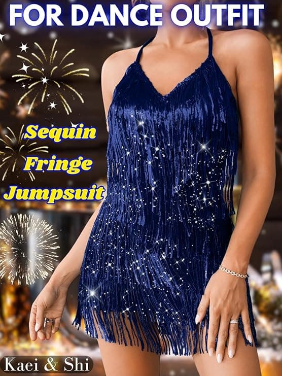 Kaei&Shi Sequin Fringe Romper,Sparkly Glitter Metallic Jumpsuits For Women,Backless Shorts Dress Disco Birthday Dance Outfit - Image 3