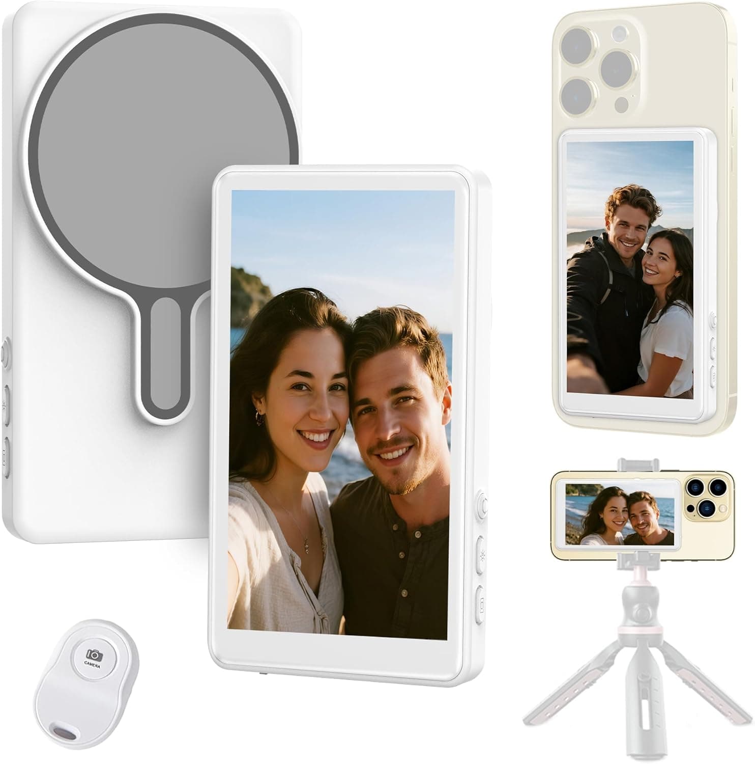 Selfie Monitor Screen for iPhone/Android,Magnetic Phone Vlog Selfie Screen with 1800mAh White
