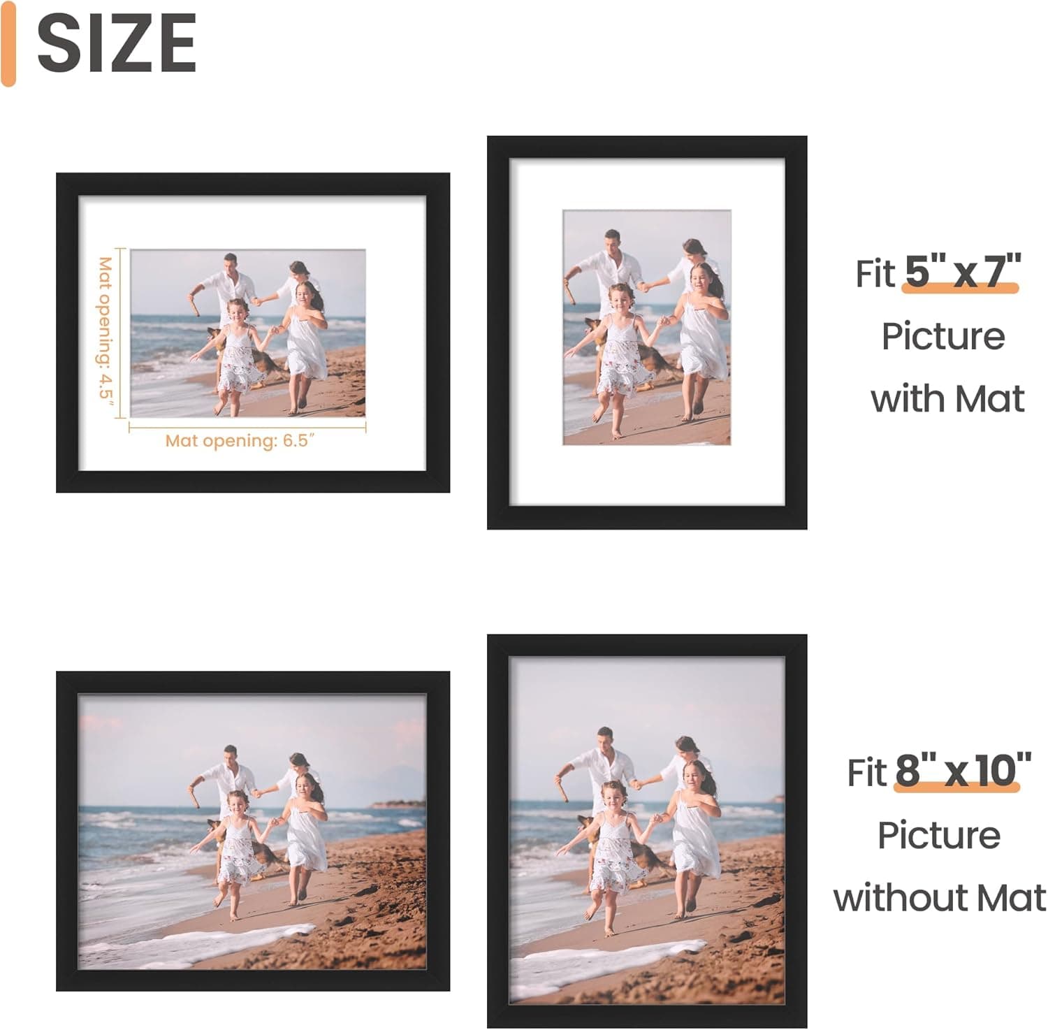 upsimples 8x10 Picture Frame, Display Pictures 5x7 with Mat or 8x10 Without Mat, Wall Hanging Photo Frame, Black, 1 Pack - Image 3