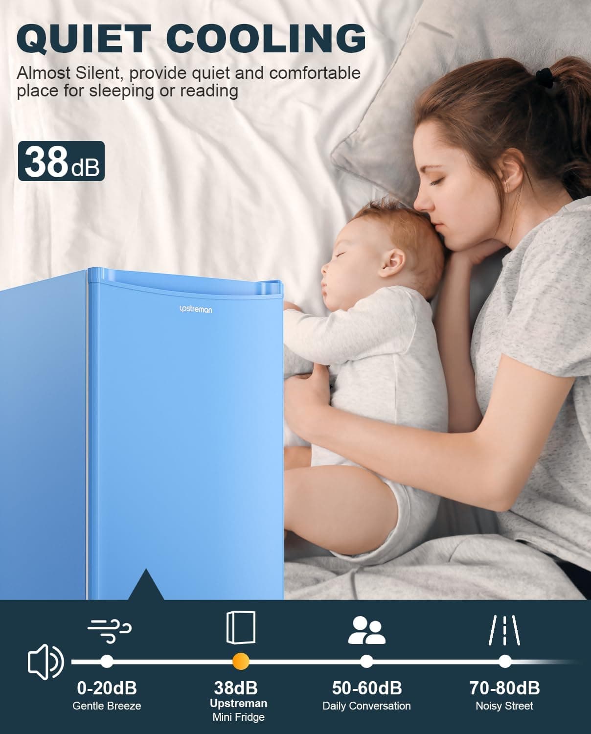 Upstreman 3.2 Cu.Ft Mini Fridge with Freezer, Single Door Mini Fridge, Dorm Fridge, Adjustable Thermostat, Mini Refrigerator for Bedroom, Office, Dorm, Blue-BR321 - Image 5