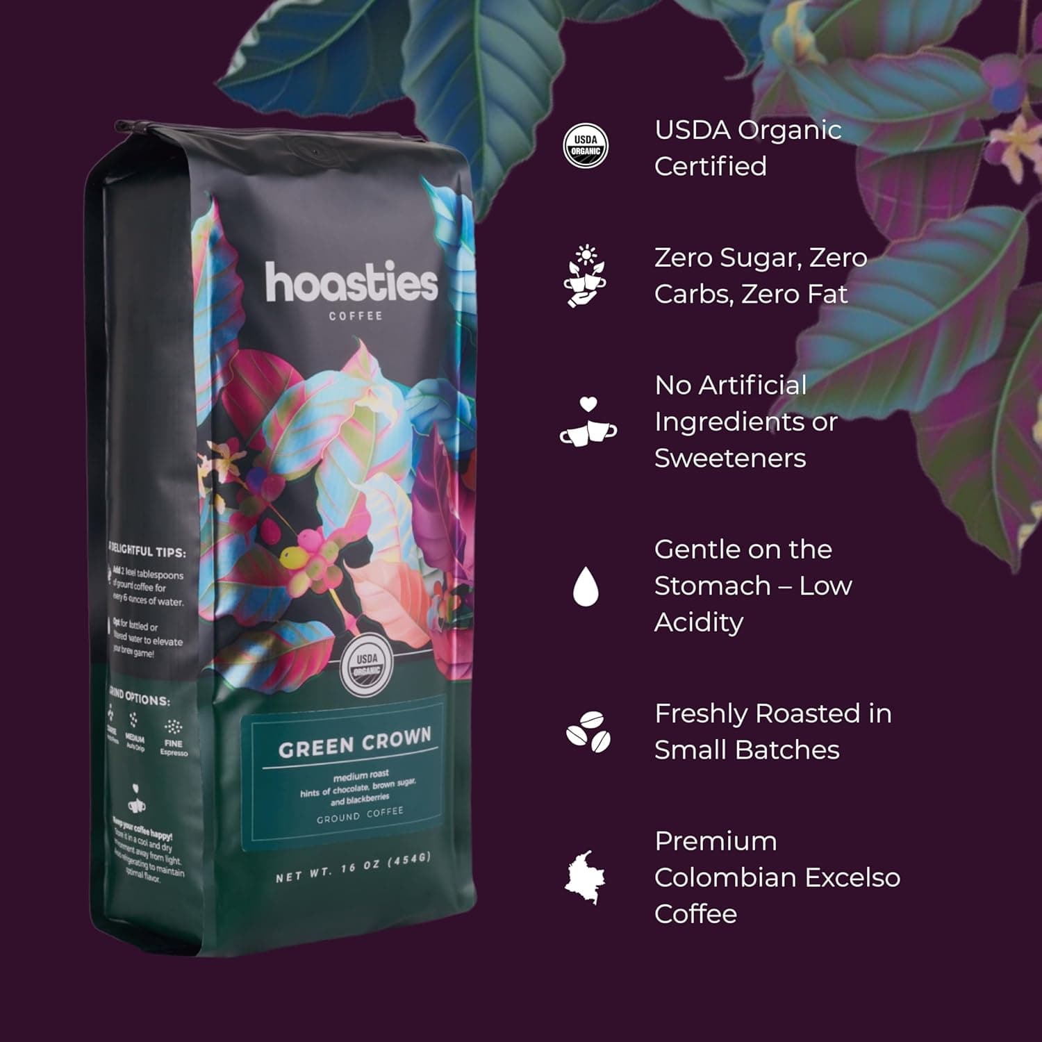 Hoasties Coffee Green Crown - Medium Roast Ground Organic Coffee, Made with 100% Colombian Arabica Coffee Beans, 16 ounces - Image 3