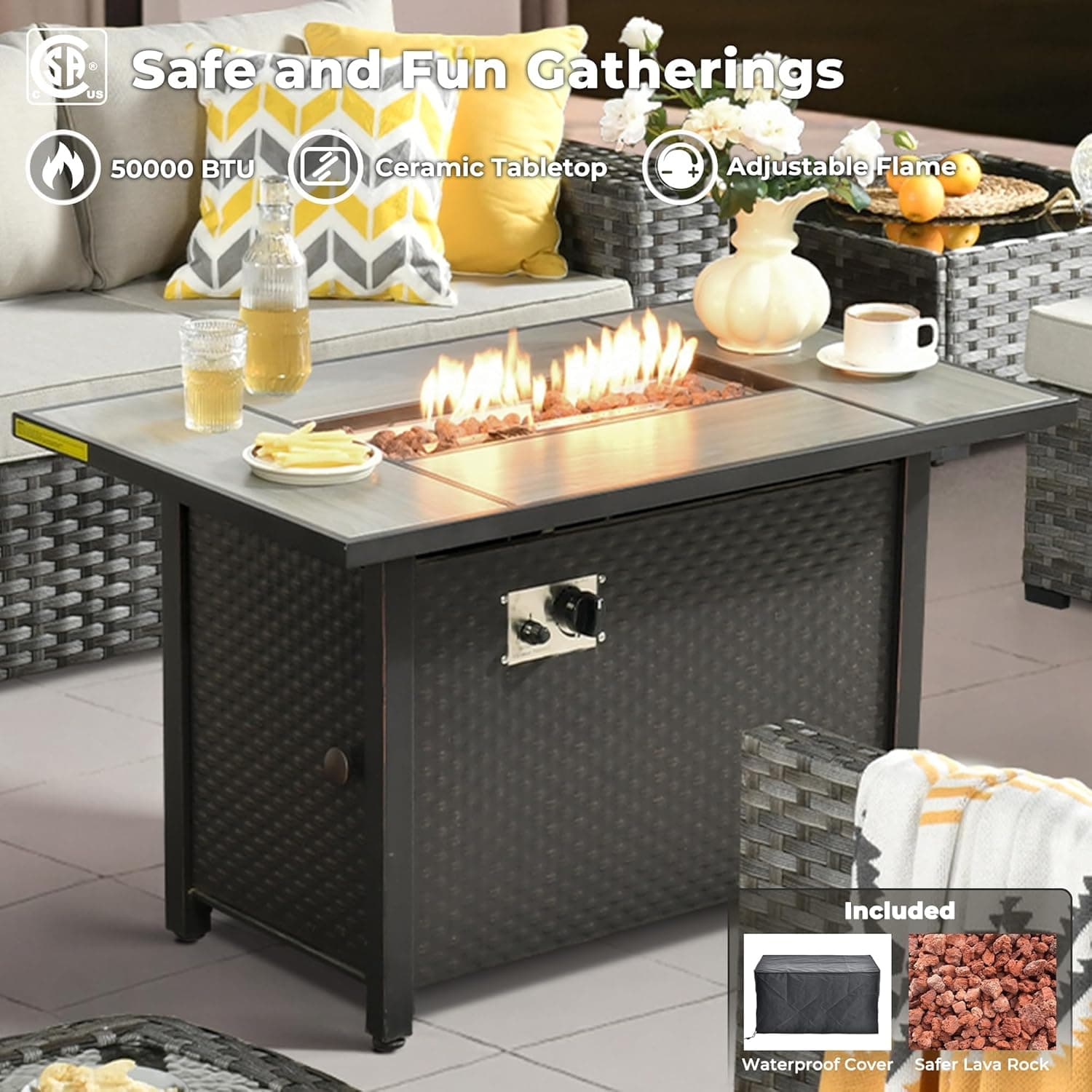 ovios 9 Pieces Patio Set, Outdoor Wicker Sectional Sofa with 42" Firepit Table Swivel Chair, Modern Modular Deep Seat Rattan Sets, Beige - Image 7