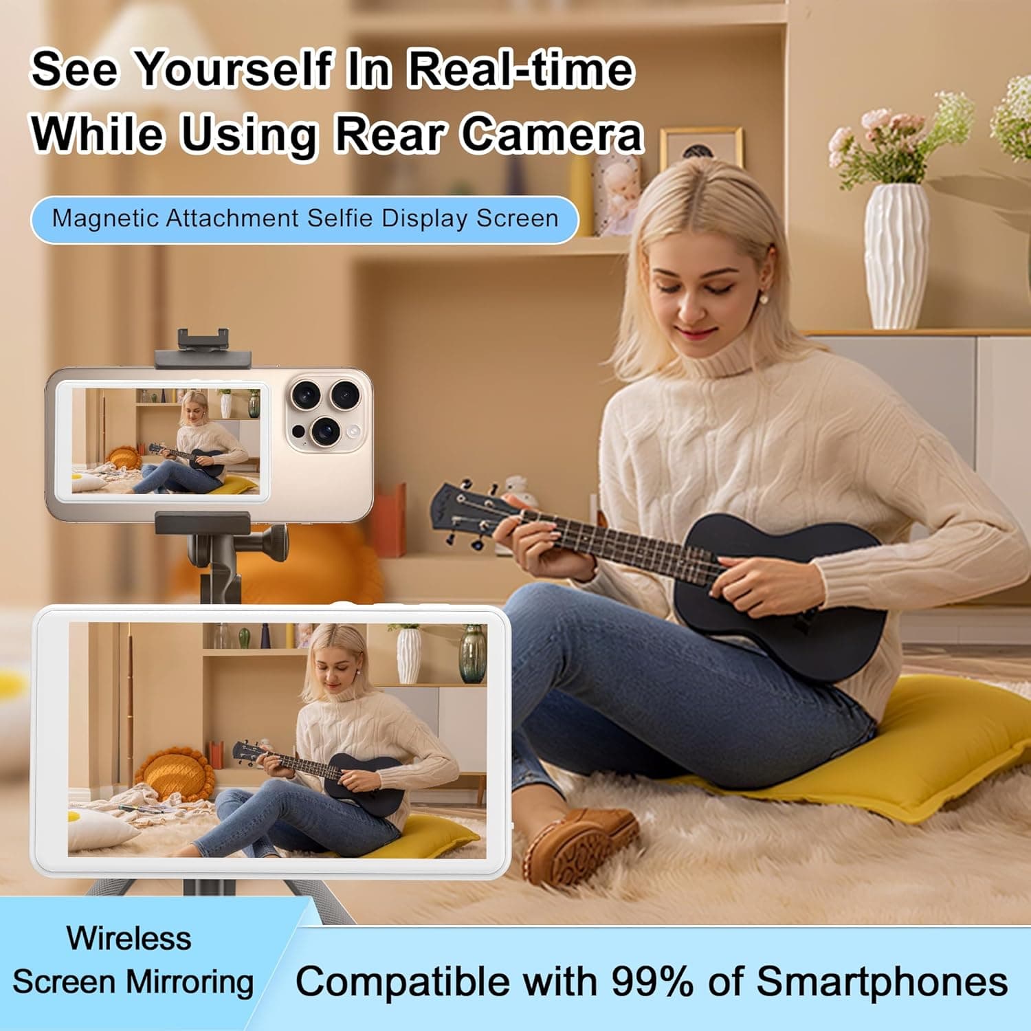 Selfie Monitor Screen for iPhone/Android,Magnetic Phone Vlog Selfie Screen with 1800mAh White - Image 3