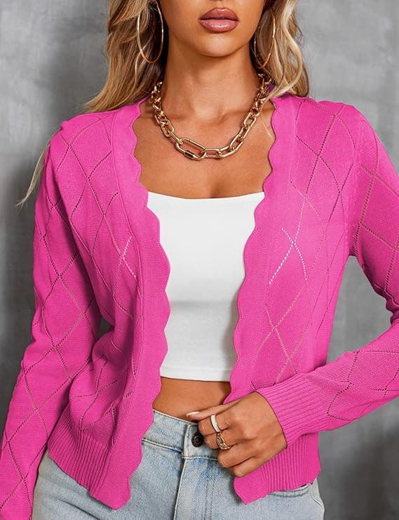 CARDYDONY Women's Long Sleeve Cropped Cardigan Sweaters Open Front Hollow Out Shrugs S-XL Pink - Image 2
